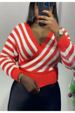 Rose Red Casual Daily Striped Pullovers V Neck Mid Waist Tops