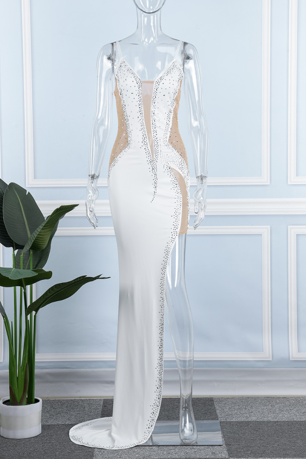 Sexy Formal Patchwork Frenulum Backless Slit Spaghetti Strap Evening Dress (Without Belt)