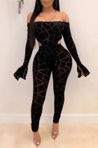 Black Sexy Casual Print Backless Off the Shoulder Long Sleeve Two Pieces