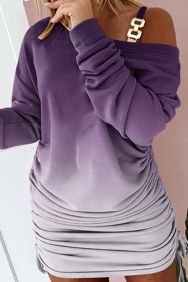 Purple Casual Print Wapiti Fold One Shoulder Pencil Skirt Dresses