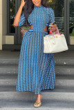 Blue Casual Daily Print Hollowed Out Printing O Neck Printed Dress Dresses