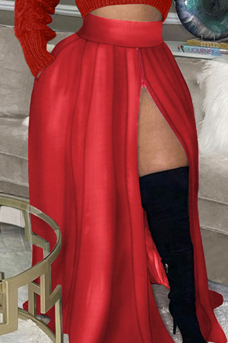 Red Casual Solid Patchwork Zipper High Waist Type A Solid Color Bottoms