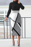 Gray White Casual Work Print Patchwork Turtleneck One Step Skirt Dresses