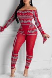 Red Sexy Casual Print Backless Off the Shoulder Long Sleeve Two Pieces
