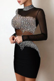 Black Sexy Solid Sequins Patchwork Hot Drill Turtleneck Pencil Skirt Dresses