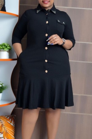 Black Casual Solid Patchwork Turndown Collar Dresses