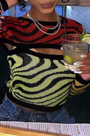 Colour Casual Patchwork Hollowed Out O Neck Tops