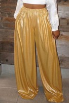 Yellow Casual Solid Basic Regular High Waist Wide Leg Solid Color Trousers
