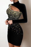 Black Silver Sexy Solid Sequins Patchwork Hot Drill Turtleneck Pencil Skirt Dresses