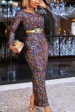 Colour Fashion Sexy Patchwork Tassel Sequins Backless Slit Without Belt O Neck Evening Dress
