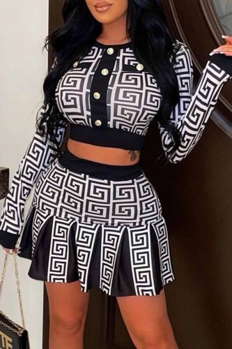 Black Casual Print Patchwork O Neck Long Sleeve Two Pieces