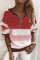 Red Casual Striped Patchwork Zipper O Neck Tops