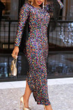 Colour Fashion Sexy Patchwork Tassel Sequins Backless Slit Without Belt O Neck Evening Dress