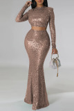Champagne Sexy Solid Sequins Patchwork O Neck Long Sleeve Two Pieces