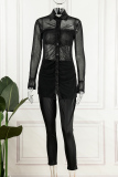 Black Sexy Casual Solid See-through Turndown Collar Long Sleeve Two Pieces