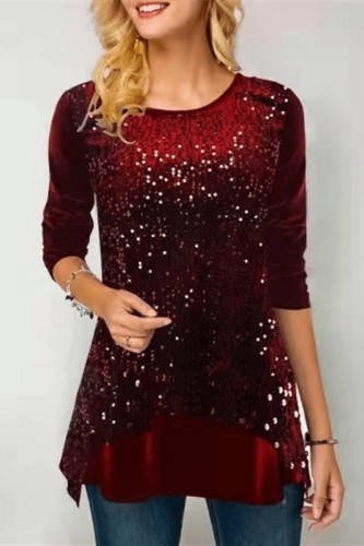 Red Casual Patchwork Sequins O Neck Tops