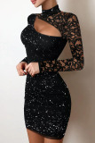 Pure Black Sexy Solid Sequins Patchwork Hot Drill Turtleneck Pencil Skirt Dresses