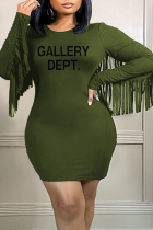Army Green Sexy Print Tassel O Neck Pencil Skirt Plus Size Dresses