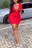 Red Sexy Solid Solid Color V Neck Wrapped Skirt Dresses
