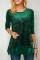 Green Casual Patchwork Sequins O Neck Tops