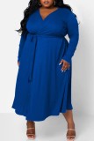 White Casual Solid Patchwork V Neck Long Sleeve Plus Size Dresses