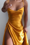 Gold Sexy Solid Patchwork Fold Spaghetti Strap Sling Dress Dresses