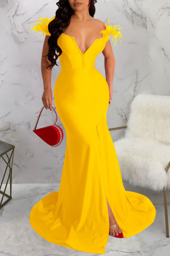 Yellow Sexy Solid Patchwork Feathers V Neck Evening Dress Dresses