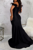 Black Sexy Solid Patchwork Feathers V Neck Evening Dress Dresses