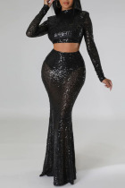 Black Sexy Solid Sequins Patchwork O Neck Long Sleeve Two Pieces