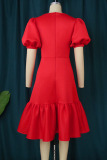 Red Casual Solid Patchwork V Neck A Line Dresses