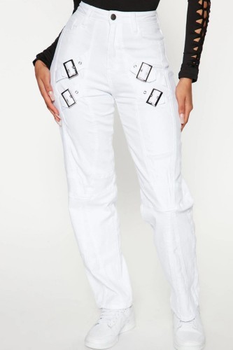 White Casual Solid Patchwork Regular Mid Waist Trousers