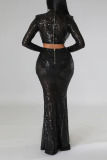 Black Sexy Solid Sequins Patchwork O Neck Long Sleeve Two Pieces