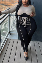 Black Sexy Solid Bandage Patchwork Contrast O Neck Plus Size 