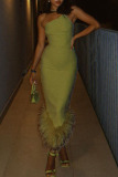 Green Sexy Solid Patchwork Feathers Asymmetrical Oblique Collar Trumpet Mermaid Dresses