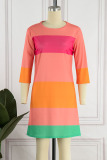 Pink Orange Casual Striped Print Patchwork O Neck A Line Dresses