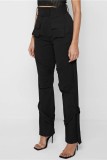 Black Casual Solid Patchwork Regular High Waist Trousers