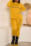 Yellow Casual Print Patchwork O Neck Long Sleeve Two Pieces