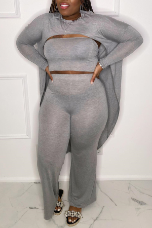 Grey Sexy Casual Solid Hollowed Out O Neck Long Sleeve Two Pieces