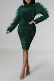 Black Sexy Solid Sequins Patchwork Feathers Backless Half A Turtleneck One Step Skirt Dresses