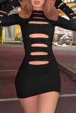 Black Sexy Casual Solid Ripped O Neck Long Sleeve Dresses