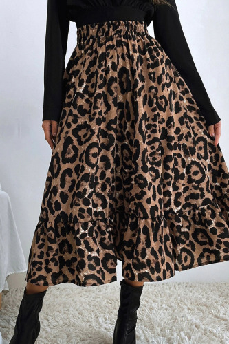 Brown Casual Print Leopard Patchwork High Waist Type A Full Print Bottoms