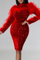 Red Sexy Solid Sequins Patchwork Feathers Backless Half A Turtleneck One Step Skirt Dresses