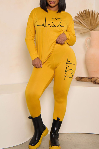 Yellow Casual Print Patchwork O Neck Long Sleeve Two Pieces