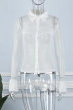 White Sexy Solid See-through Mesh Turndown Collar Tops