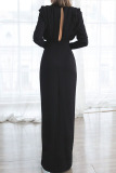 Black Elegant Solid Patchwork Backless Slit Fold O Neck Straight Dresses