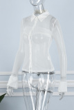 White Sexy Solid See-through Mesh Turndown Collar Tops