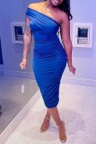 Blue Sexy Solid Patchwork Backless Fold Oblique Collar Sleeveless Dress Dresses