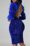 Blue Sexy Solid Sequins Patchwork Feathers Backless Half A Turtleneck One Step Skirt Dresses