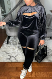 Black Sexy Casual Solid Hollowed Out Zipper O Neck Long Sleeve Two Pieces