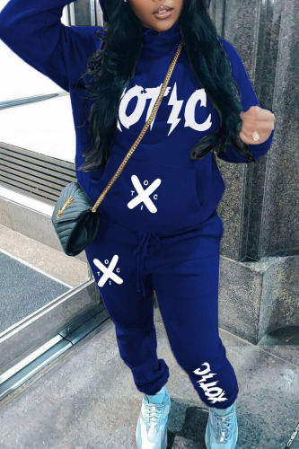 Blue Casual Print Patchwork Hooded Collar Long Sleeve Two Pieces
